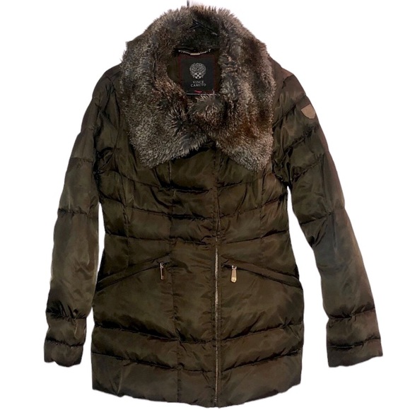 Vince Camuto brown/olive puffer jacket with faux fur collar, small - Picture 6 of 6